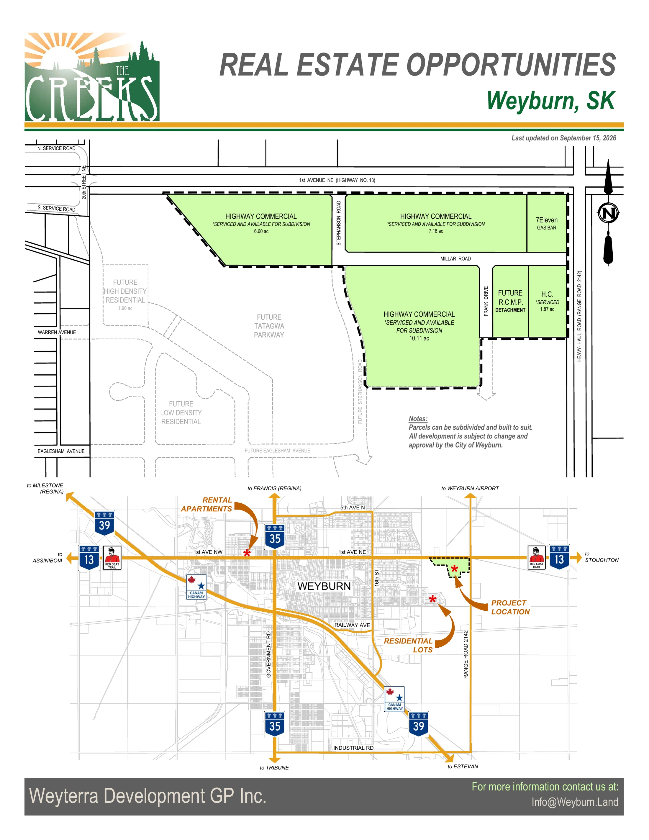 The Creeks commercial opportunities plan: 6.60, 7.18, 10.11 and 1.87 acre commercial parcels, a 7-Eleven gas bar and a future RCMP detachment near Highway 13 and Range Road 2142