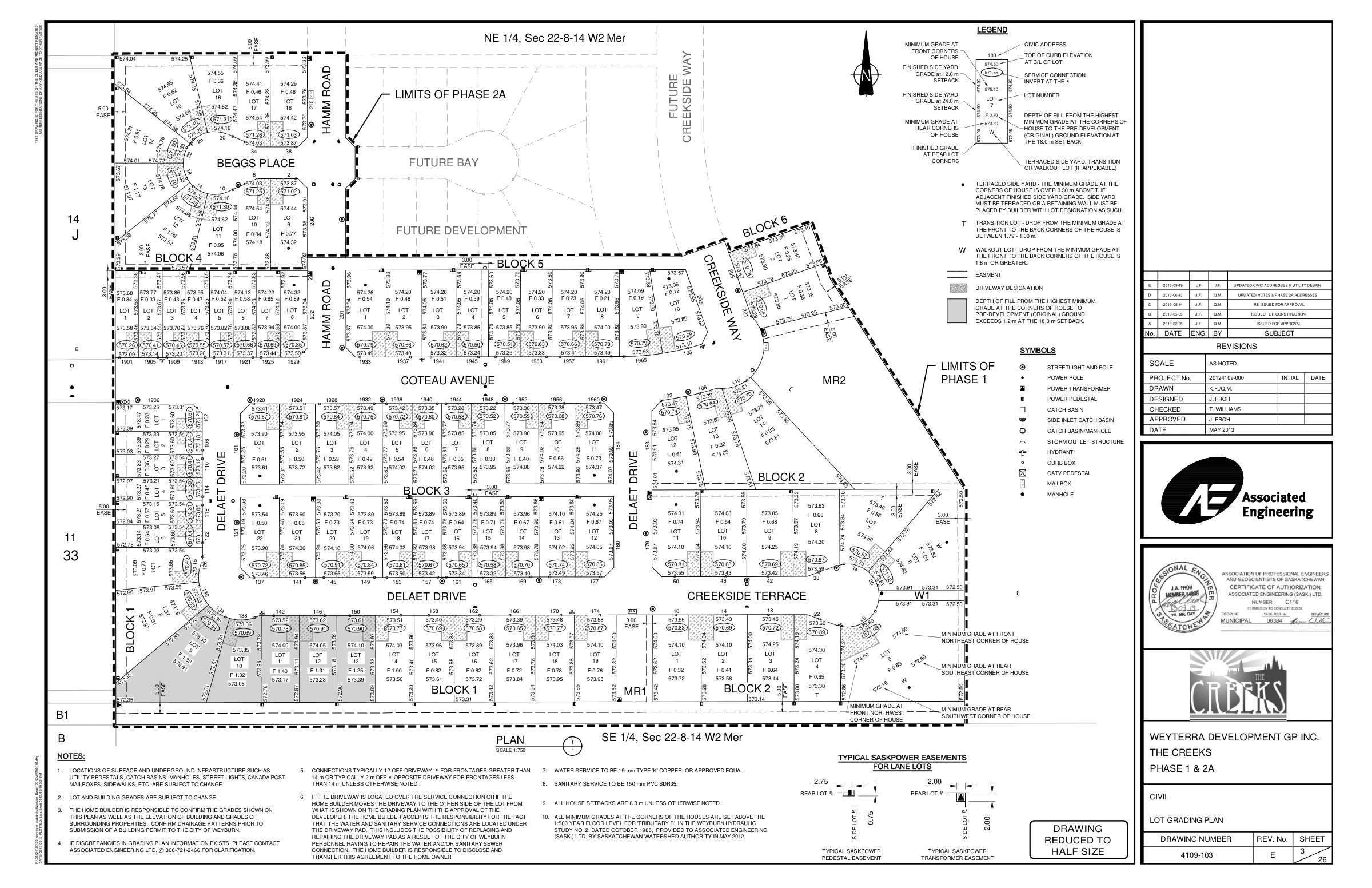 Engineering plan showing lot grades, service locations and designated driveways for The Creeks Phases 1 and 2A