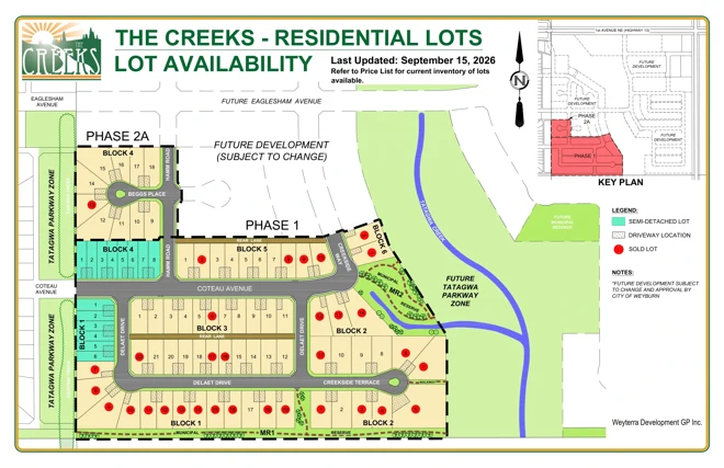 The Creeks residential plan, showing Coteau Avenue, DeLaet Drive, Beggs Place and the creekside municipal reserve