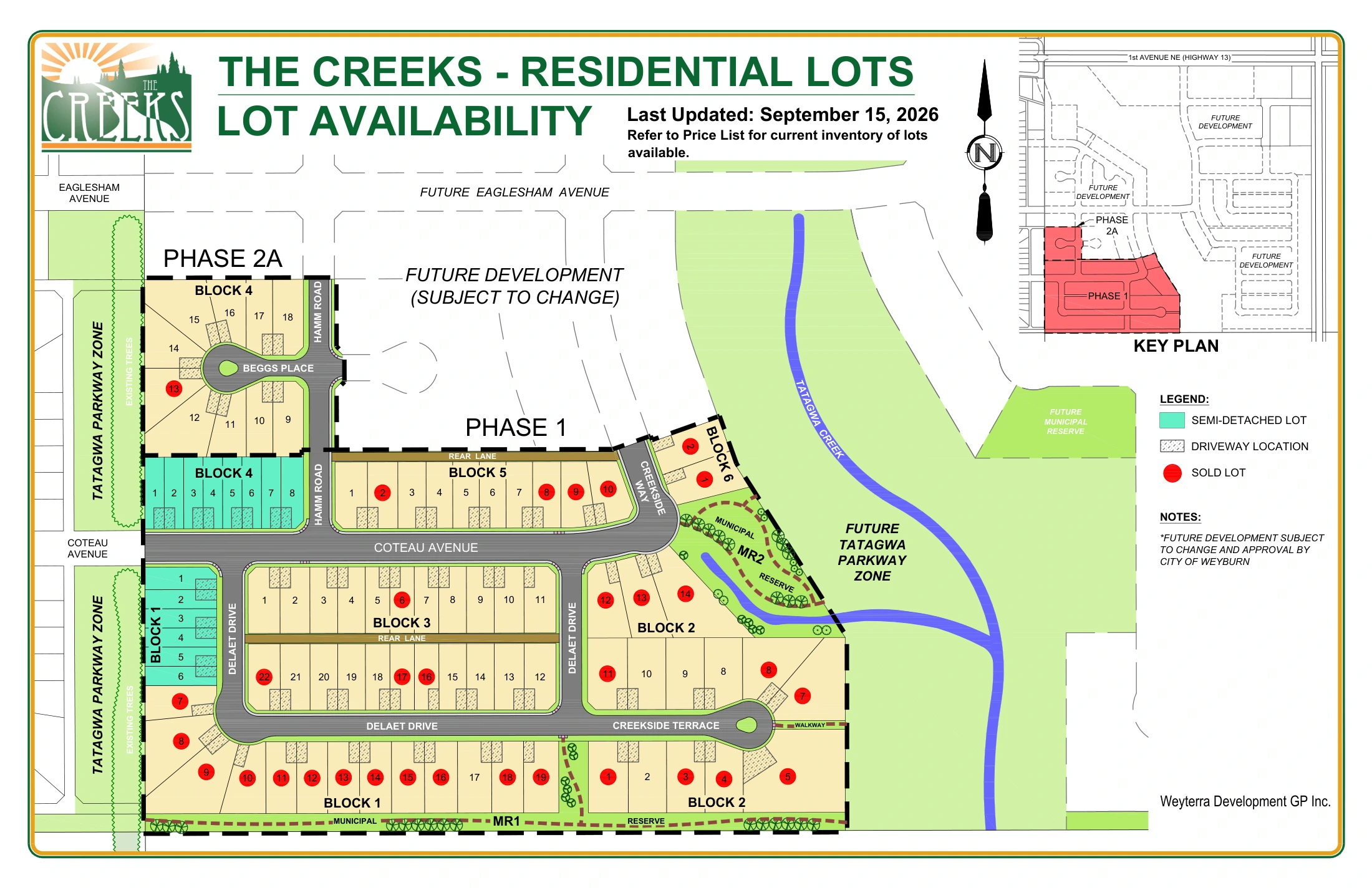 Residential lot availability map showing blocks, lot numbers, semi-detached lots, driveway locations and sold lot markers