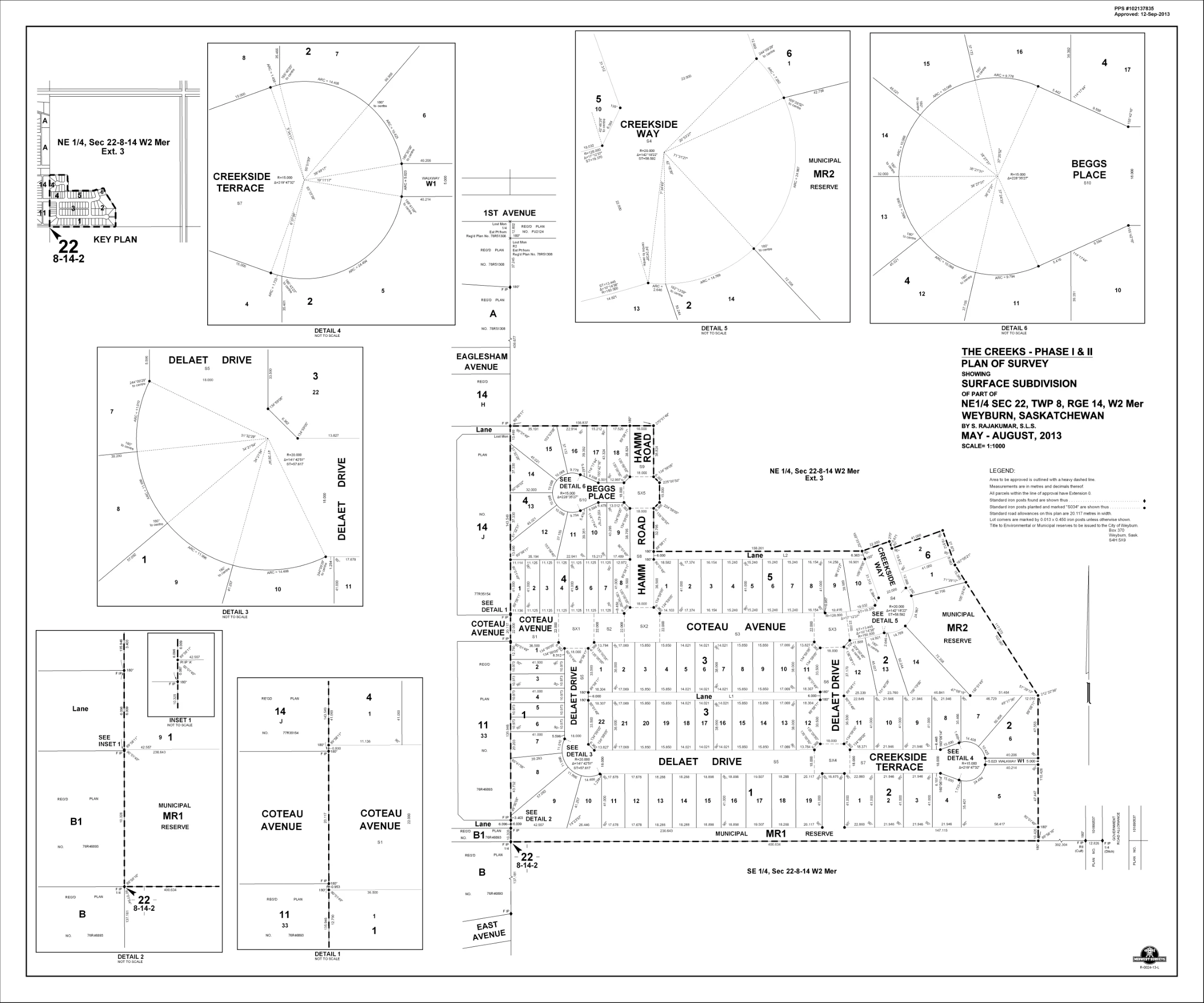 The Creeks Phase 1 plan of survey with lot dimensions and detailed boundary plans